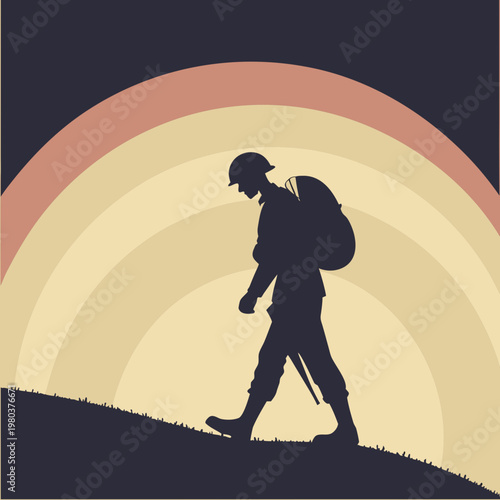 Silhouette of world war two era soldier carrying heavy backpack walking uphill against stylized retro sunset background symbolizing grit and history.