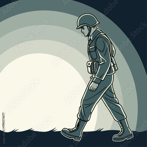 Brave army trooper walking forward in front of glowing halo background representing hope and resilience for military members serving in difficult times.