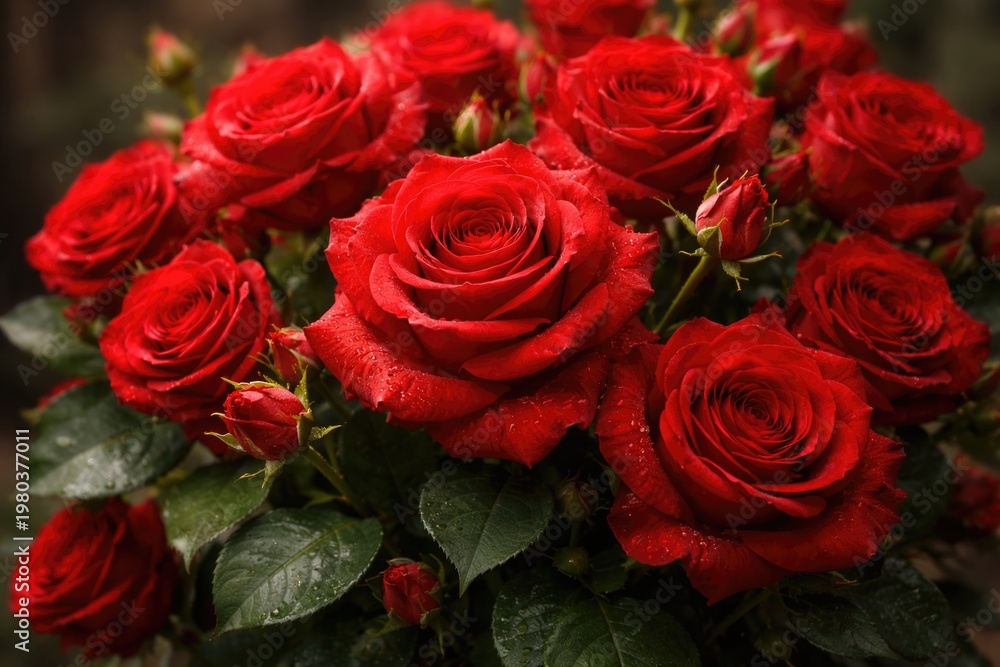 Fototapeta premium A vibrant bouquet of scarlet roses in full bloom