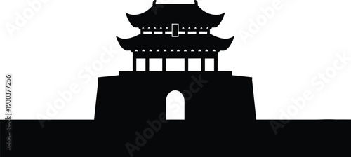 Black silhouette of a traditional Asian temple gate or palace building for oriental culture travel and historical architecture design projects