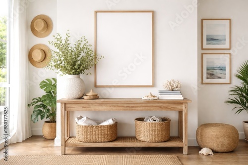 Coastal style interior featuring console table by white wall with interior mockup