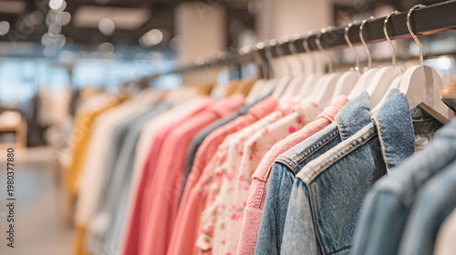 Clothing rack with jeans and shirts in a modern retail store