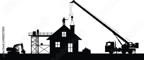 Black silhouette of house construction site with crane truck excavator and workers building a new home for industrial and real estate