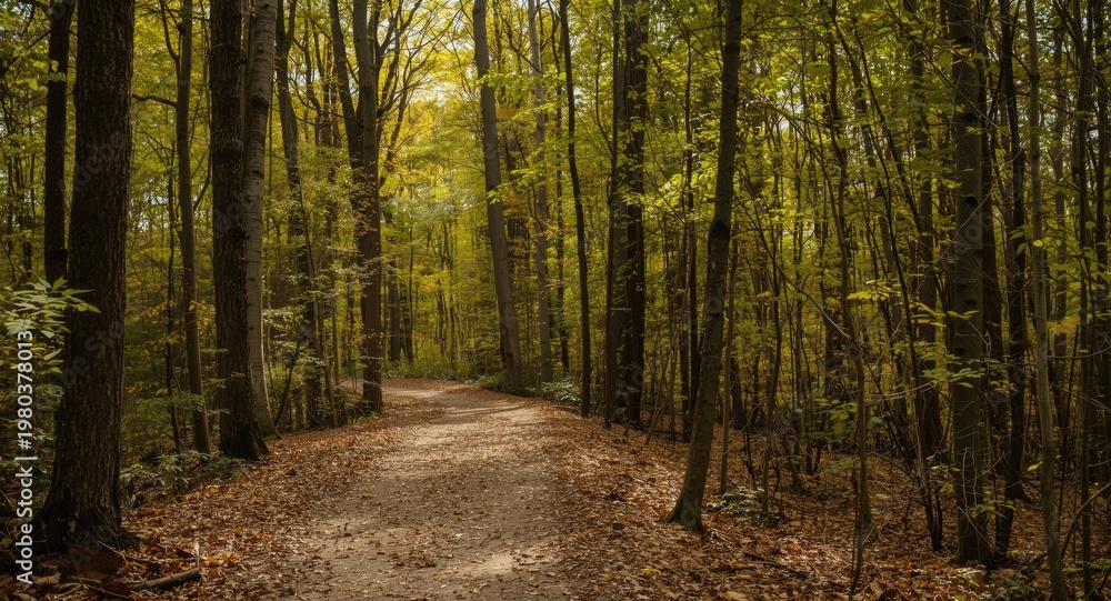 Obraz premium Winding path through dense forest with tall trees and fallen leaves on a sunny autumn day
