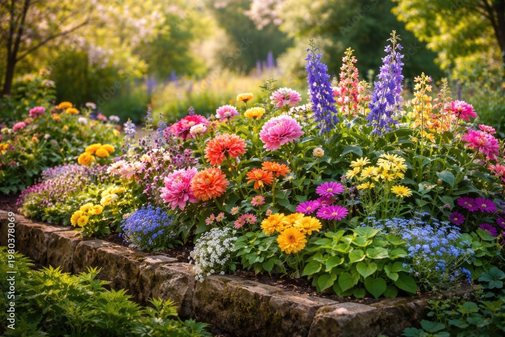Obraz premium Spring garden bed full of vibrant blossoms and lively leaves