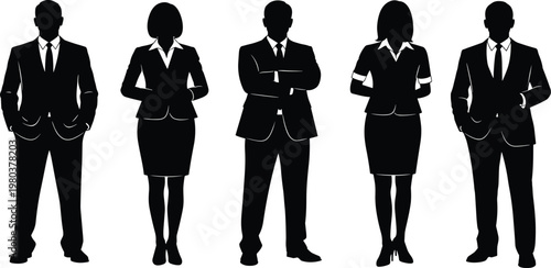 Black silhouette of professional business team, diverse businessmen and businesswomen in formal suits standing together, isolated on white background, corporate.