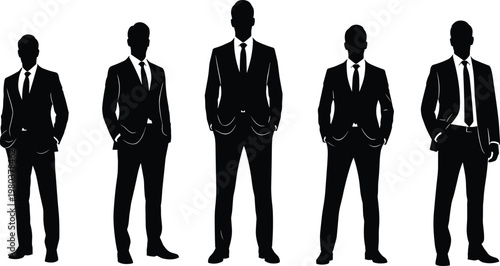 Black silhouette of professional male business team, group of businessmen standing in formal suits, isolated on white background, corporate staff.