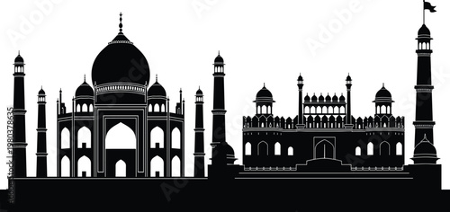Black silhouette of Taj Mahal and Red Fort landmarks in India, historic Indian architecture skyline isolated on white background, agra.
