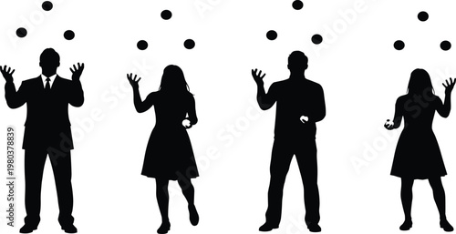 Black silhouettes of business people and casual figures juggling multiple balls representing multitasking skills and effective time management in modern workplace