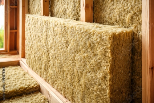 Close-up view of mineral wool rockwool for efficient wall insulation in residential construction