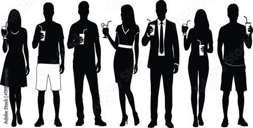 Black silhouettes of diverse group of people standing and holding summer drinks cocktails and juices on isolated white background background