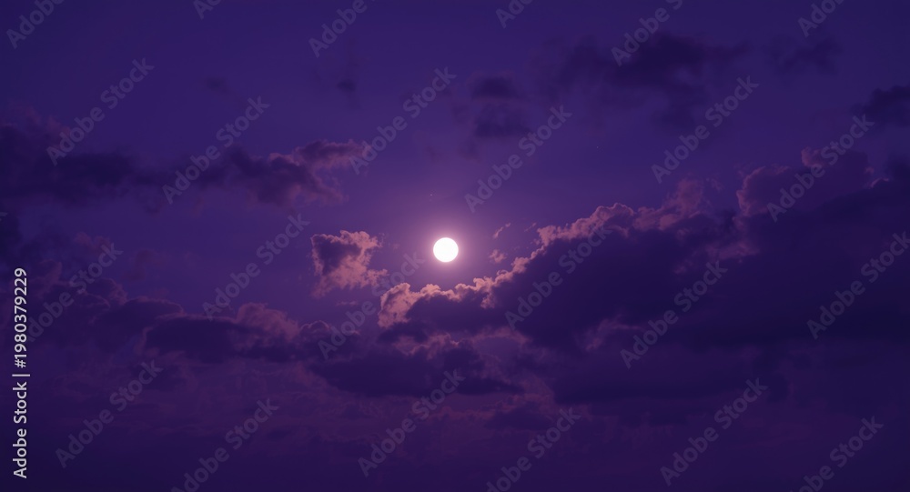 Fototapeta premium Vivid purple night sky backdrop displaying silhouetted clouds and a bright full moon
