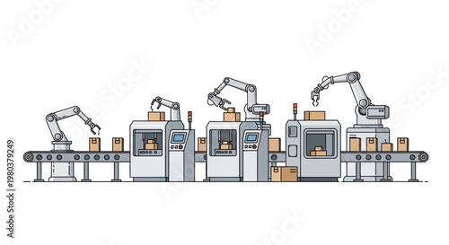 A fully automated production line showcases Industry 4.0 with robotic arms assembling boxes on a conveyor belt in a clean, minimalist vector illustration against a white background
