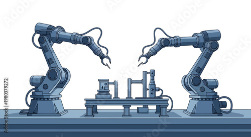 A fully automated production line featuring robotic arms precisely assembling components on a conveyor belt, presented in a clean vector illustration style, conveying a sense of modern