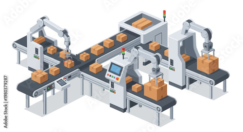 Isometric illustration of a fully automated production line in a smart factory, showing robotic arms handling cardboard boxes on conveyor belts against a white background in a vector