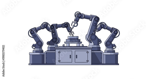 A fully automated production line illustration shows robotic arms working together on a product, designed with a flat vector style against a clean white background, conveying a sense