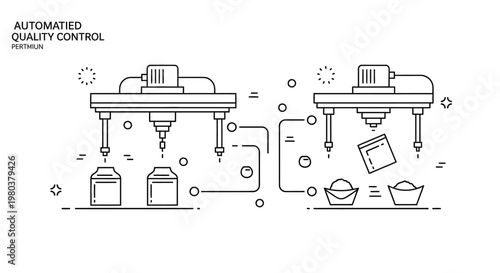 Minimalist line art illustration depicting a fully automated production line and smart factory, showing robotic arms handling products against a clean white background to convey precision