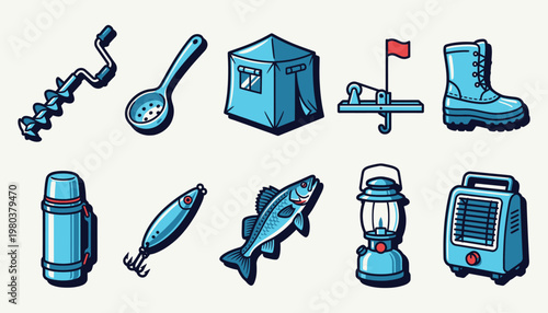 Ice fishing equipment and winter gear icon collection