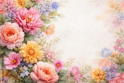 Vibrant floral canvas fabric texture showcasing blooming flowers with a soft background and ample copy space