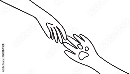 Line drawing of human hand holding a paw with a heart