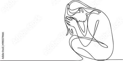 Continuous line drawing of a sad woman sitting alone in a simple pose