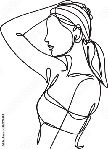 Woman in a dynamic yoga pose with one arm raised and hair tied back