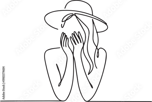 Continuous line drawing of a woman wearing a hat covering her face