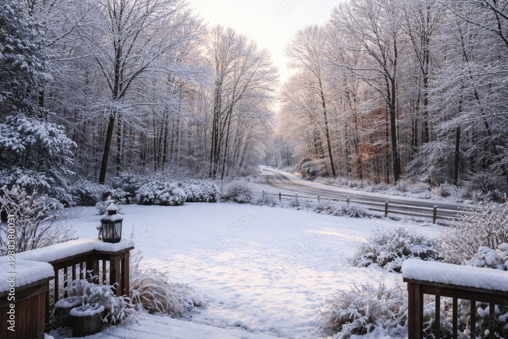 Fototapeta premium Winter backyard view showing snow covered lawn and diverse deciduous trees beyond road