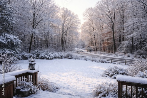 Winter backyard view showing snow covered lawn and diverse deciduous trees beyond road