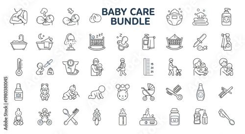 Baby care bundle icons on white.
