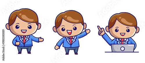 Cute businessman character set with laptop and gestures kawaii style