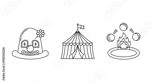 Circus tent and campfire icons.