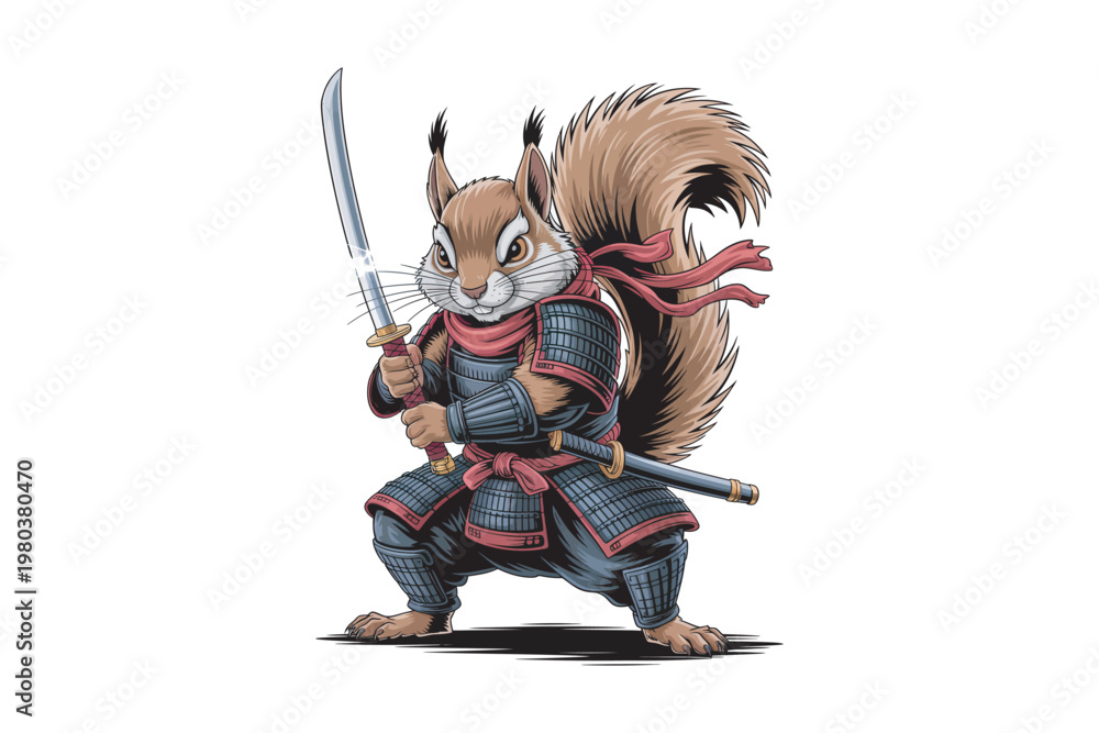Obraz premium A whimsical digital illustration depicts a squirrel dressed as a samurai warrior confidently wielding a katana on transparent background high-quality professional.
