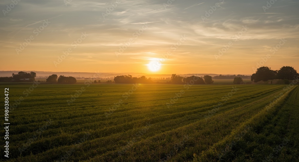 Obraz premium Soft summer sunrise lighting up open rural spaces