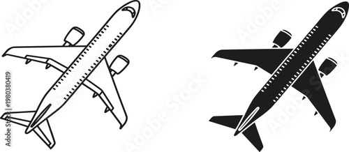 Black, airplane, silhouette, and, outline, vector, illustration, set, with, commercial, jet, airliner, flying, isolated, on, white, background, aviation, transport, collection.