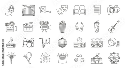 Various icons and symbols line drawings.