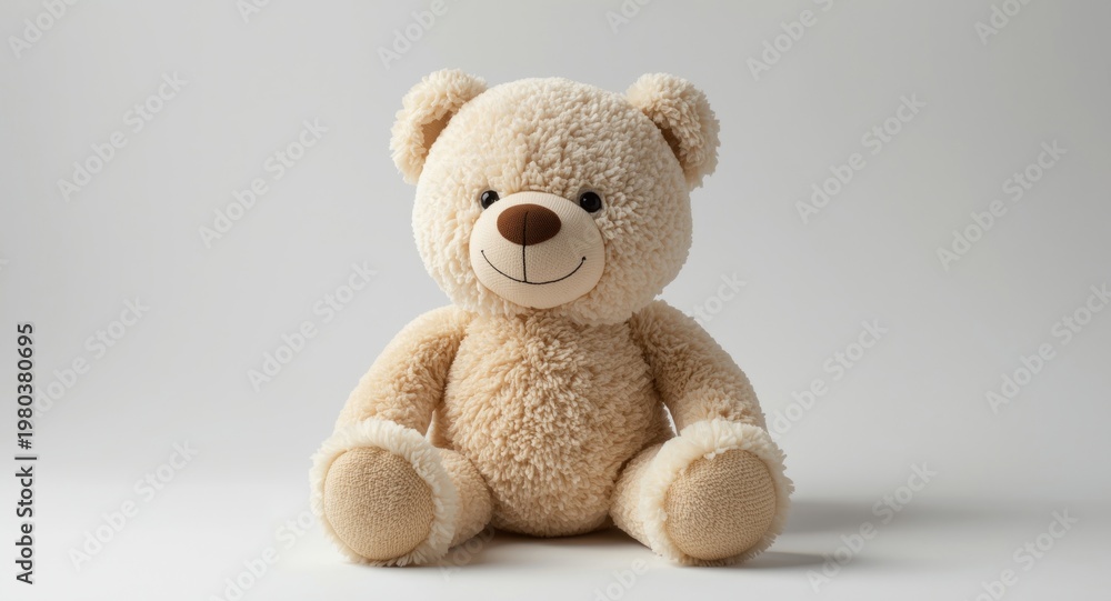Fototapeta premium Playful stuffed bear displayed on a smooth white surface highlighting gentle texture and friendly smile suited for kids content