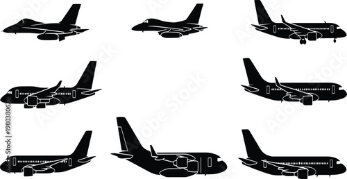 Black, airplane, silhouettes, set, with, commercial, jets, and, fighter, planes, flying, isolated, on, white, background, vector, illustration, aviation, transport, collection.