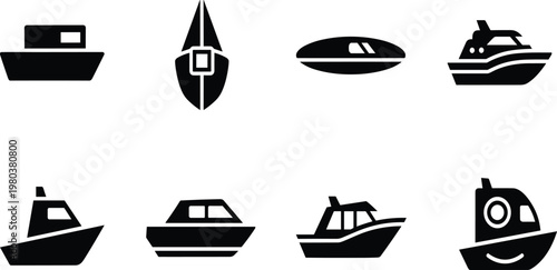 Black, boat, silhouettes, set, with, yachts, motorboats, and, ships, isolated, on, white, background, vector, illustration, collection, for, nautical, maritime, design.