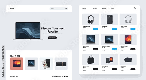 E-commerce web page template, online shopping layout, product showcase design, digital storefront