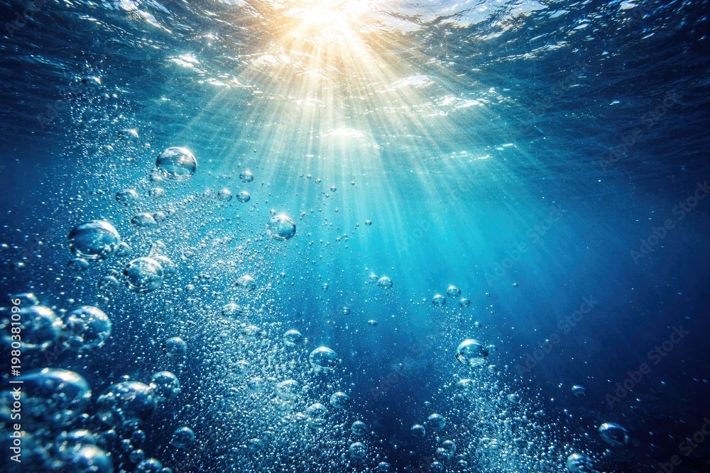 Obraz premium Sunlight filtering through underwater bubbles with ocean surface glow