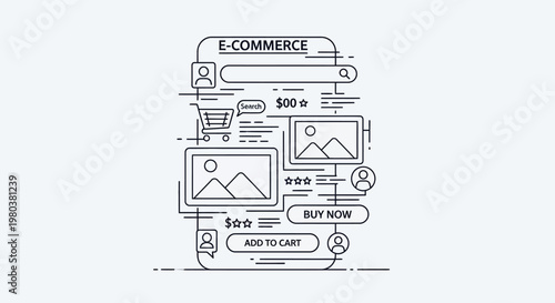E-commerce, online shopping, digital storefront, web design elements, icons, line art
