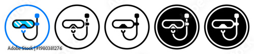 Flat diving mask and snorkel icons, in outline and solid styles