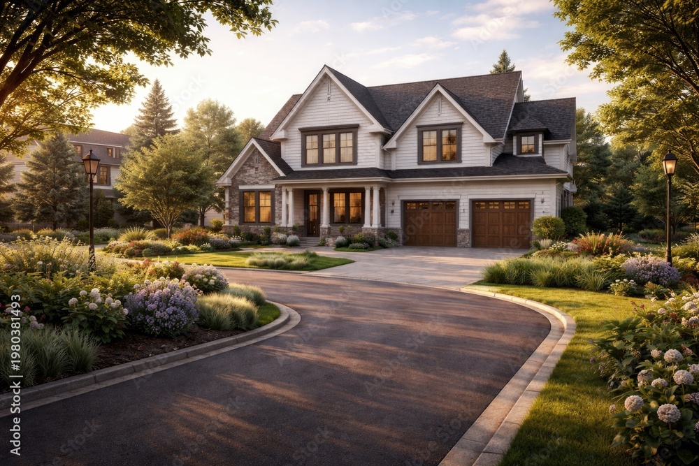 Fototapeta premium Suburban home mockup with road bordered by lush grass and plants