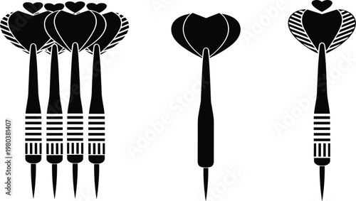 Black, darts, with, heart, shaped, flights, vector, illustration, set, isolated, on, white, background, dart, game, love, sport, competition, hobby, collection.