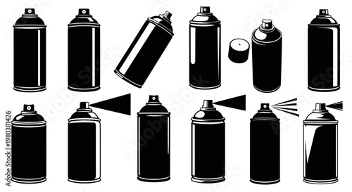 Spray Paint Cans Collection: Black Silhouettes with Spray Mist