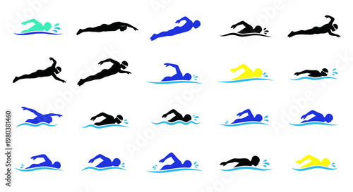 Swimmer Silhouettes Collection: Various Strokes, Colors, and Poses