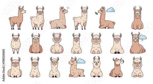Cute Llama Collection: Diverse Poses and Expressions, Cartoon Style