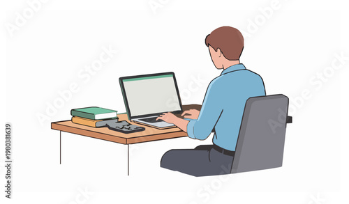 Financial office employee working on laptop flat vector illustration