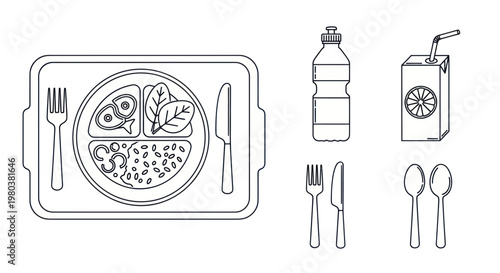 Healthy Meal Tray with Drink and Cutlery Icons - Outline Vector Illustration